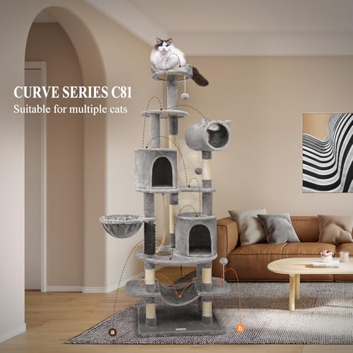 C81 Artistic Curved Cat Tower for Small Cats(Under 12 lbs), 81-inch Slim Design Cat Tree with Space-Saving Design, Indoor Cat Condo with Hammock & Tunnel, Light Gray, Non-Large Cats - Image 3