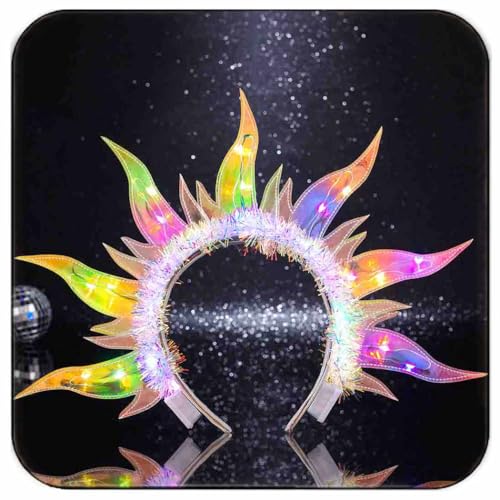 DRESBE Light Up Fire Headband LED Sun Goddess Halo Headbands Flame Party Rave Hair Accessories for Women (Colorful Light)