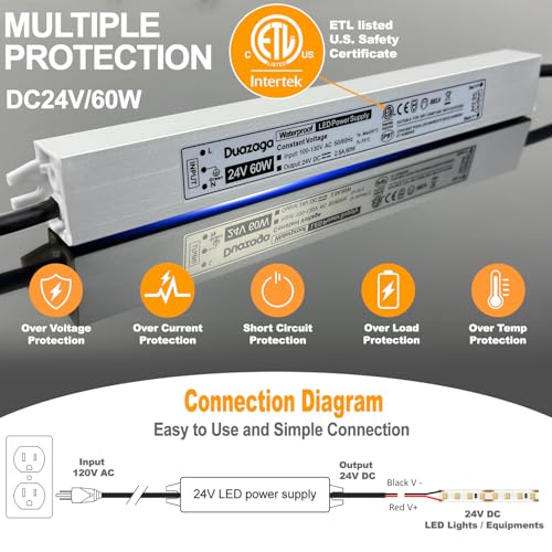 Image of 60W LED Driver 24V Power Supply 2.5A 24VDC Low Voltage Transformer | IP67 Waterproof, ETL Listed, 110V 120VAC to 24 Volt, AC to DC Converter, Plug with 4.4ft Cord for Outdoor LED Lights and Sign