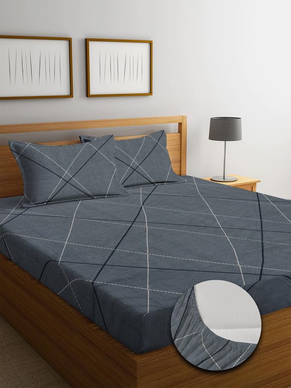 Image of NHD HOME Premium Cotton 220 TC Elastic Fitted Printed Bedsheets with 2 Pillow Covers | Double /King Bed with All Around Elastic Wrinklefree Supersoft Breathable |Size-78 x72+10 inches | Dark Grey