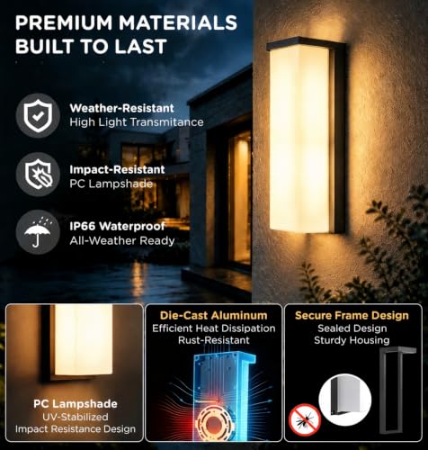 Image of Outdoor Wall Sconce 14 Inch, IP66 Waterproof, 2640LM Brightness, ETL, 3CCT | 3000K /4000K /5000K, 3 Power Levels 18W /20W /22W Porch Lights, Hardwired Outdoor Wall Light for Patio, Front Door, Garage