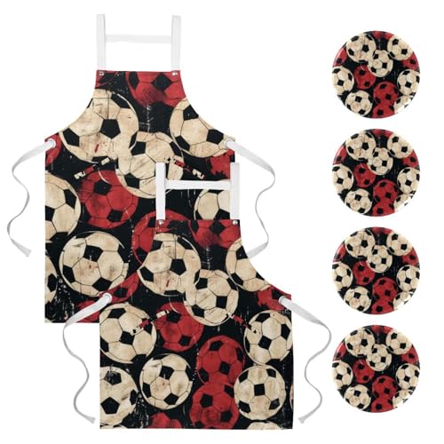 Tablier de serveuse pour cuisine et bistrot à motif football rouge et multicolore