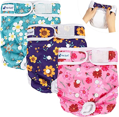 Pet Soft Pañales para perros femeninos – Pantalones lavables para mujeres para perros, mascotas, pañales reutilizables para incontinencia, paquete de 3 (flores tres, LE)