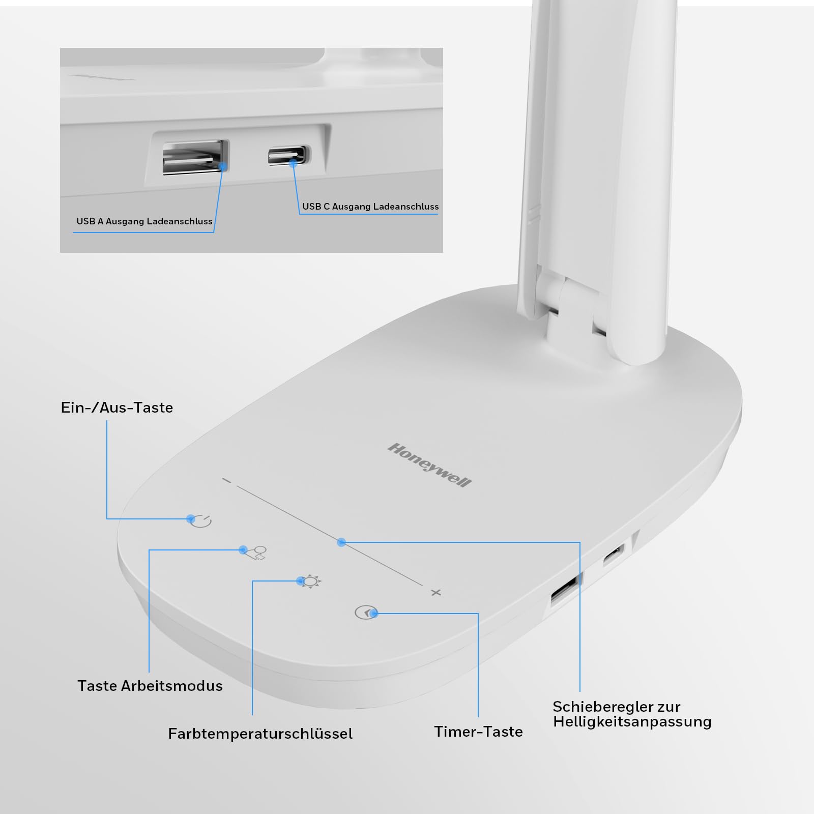 Honeywell HWT-H2 LED Schreibtischlampe, Augenschonend, Vollspektrum | CRI94 Vollspektrum | Augenschonendes Licht | 4 Farbmodi | USB-A & USB-C Laden | Faltbares Touch-Design