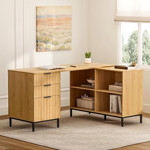 Image of EYYTHUNG L Executive Desk with Storage Cabinet, 60 inch Fluted Modern Flexible Home Office Desk, Large Wood Convertible Computer Standing Up Desk with File Drawer, Writing Desk Natural Oak