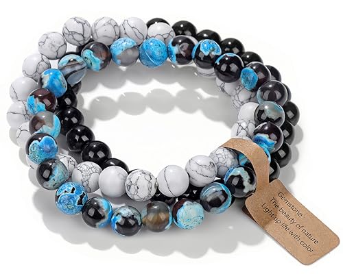 WEIZAIJY Bracelet fait à la main en perles de pierres naturelles de guérison, 19cm, Pierre, Pas de gemme (Agate de feu bleu&Turquoise blanche&Onyx noir)