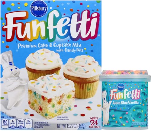 Pillsbury Birthday Bundle: Funfetti Cake Mix and Aqua Blue Vanilla Frosting with Candles