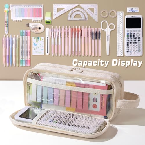 Image of EASTHILL Large Capacity Pencil Case Cute Pencil Pouch with Handle Stationery Pen Bag for Teen Girls-Cream