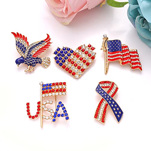 Image of American Flag Brooches 4 th of July Patriotic Red White Blue Rhinestone USA Letter Cross Eagle Map Heart Ribbon Brooch Pin Bulk Vintage Fourth of July Celebrate Independence Day Lapel Pins for Women Men