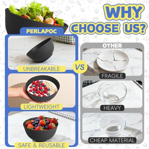 Image of Wheat Straw Bowls Set of 6, Unbreakable Lightweight 26 OZ Cereal Bowls for Kitchen, Reusable Salad Bowl, Microwave & Dishwasher Safe Bowl Set, Black