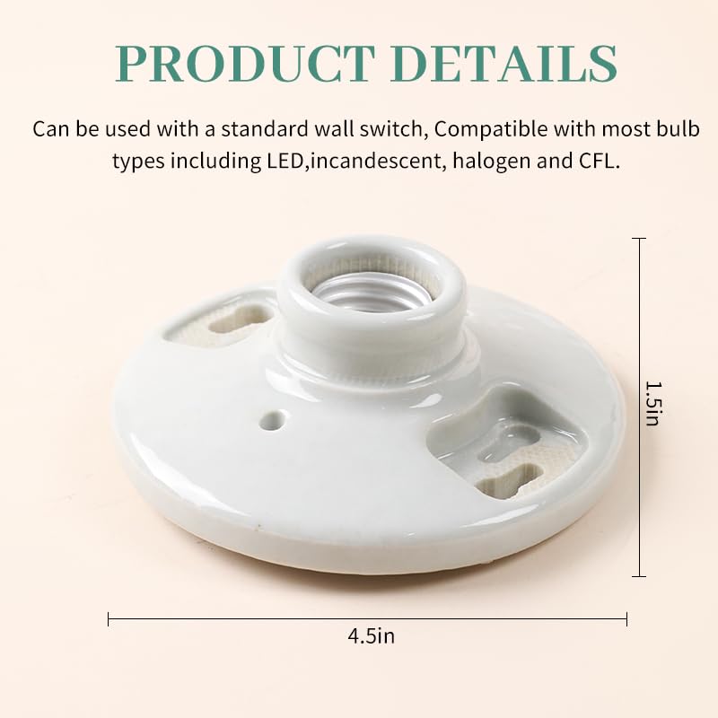 LUCKY STAR E26 Porcelain Socket Base 660W 250V Medium Base E26 Lampholder, 2 Terminals, Porcelain, White (1 Pack)