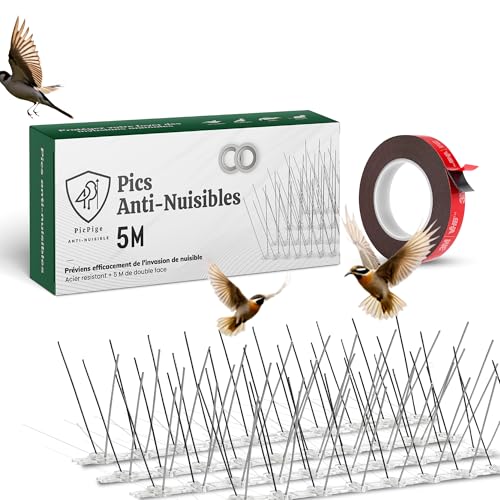 Picpige Pic Anti Pigeon - 5 Mètres - Acier Inoxydable - 5M de Double Face Inclus - Pique Anti Oiseaux -Anti nuisible pour Balcon,fenêtre,Toit- Antipigeon-...
