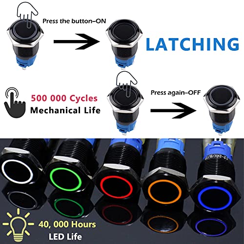 Image of 2PCS 16mm Metal Waterproof Anti-Vandal Latching Push Button Switch Self-Locking Black Shell with Pre-Wired Socket for 5 /8 inch Mounting Hole 12V-24V ON Off 5Pins 1NO 1NC Halo Ring Green LED Light