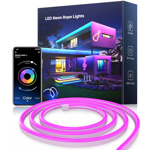 Nexillumi Neon LED Rope Lights 16.4FT, IP67 Waterproof LED Lights for Bedroom Flexible LED Light Strip with Remote and APP Control RGB Lighting Strip for Indoors Outdoors Bedroom Room Home Decor