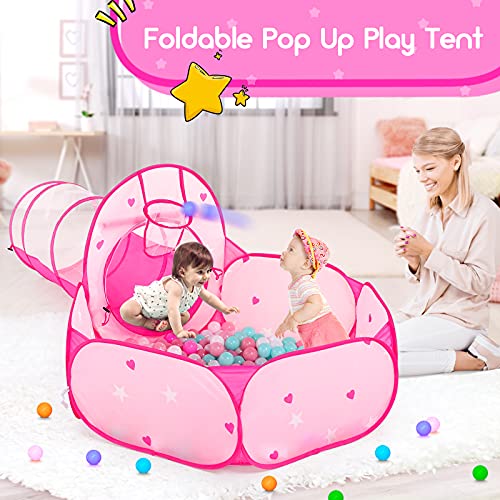 Image of PigPigPen 3pc Kids Play Tent for Girls with Ball Pit, Crawl Tunnel, Princess Tents for Toddlers, Baby Space World Playhouse Toys, Boys Indoor& Outdoor Play House, Perfect Kid's Gifts