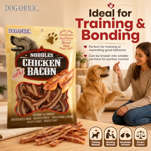 Image of Dogaholic Chicken Bacon Strips Dog Treats - High Protein Dog Snacks & Healthy Training Treats for All Breeds | Smokey Flavor Chewy Sticks for Puppies & Adult Dogs