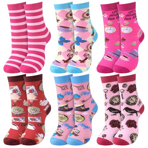 Zoooyawn 6 Pairs Christmas Wonderland Socks Gifts for Women Pink Cartoon Theme Funny Crew Socks Gifts Bulk for Christmas