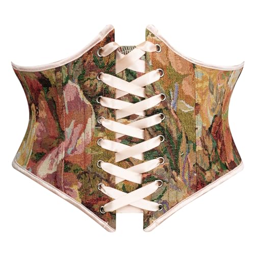 Scarlet Darkness Renaissance Corset for Women Floral Underbust Boned Lace Up Bustier Waspie Belt Pirate Corset Red 6