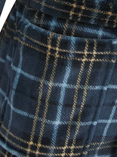 John Christian Men's Fleece Robe, Navy Blue and Yellow Check Pattern2