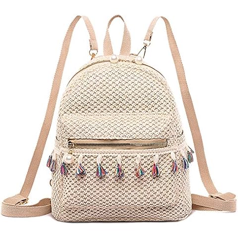 LYEAA Practical Straw Women Backpack with Tassel Cover