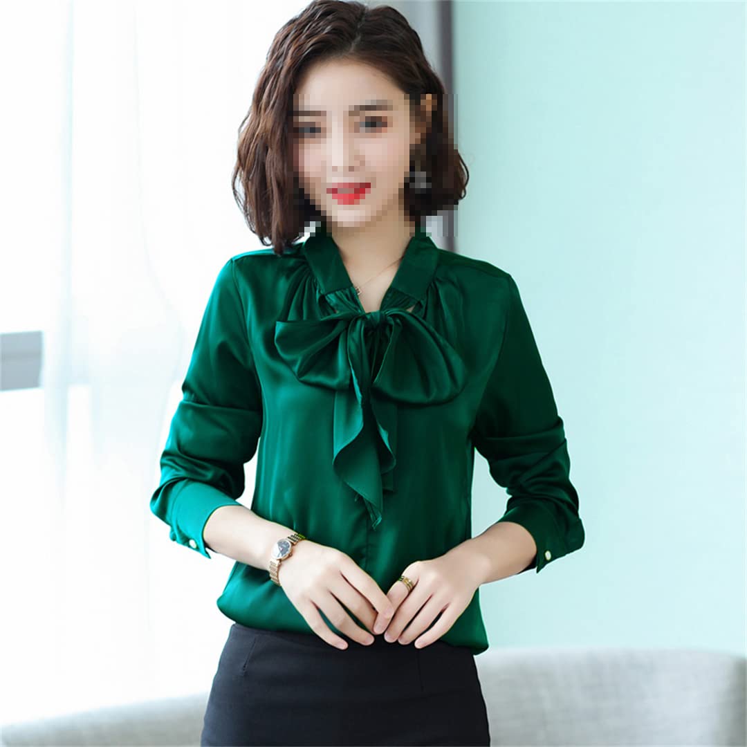 Blusas de satén de Manga Larga con Cuello en V para Mujer con Volantes de Lazo, Blusas de Seda Informales Sueltas, Camisas de Trabajo y Oficina