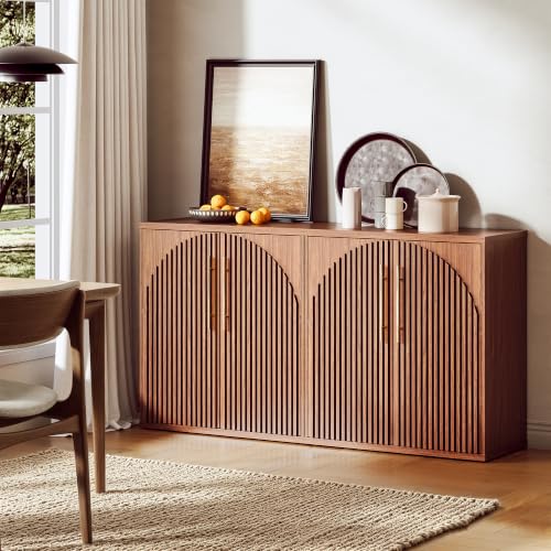 Image of Buffet Cabinet with Storage, 31.5 inch Sideboard Cabinet w /Fluted Arch Doors & Adjustable Shelves, Modern Credenza Accent Coffee Bar Console Table for Dining Room, Entryway