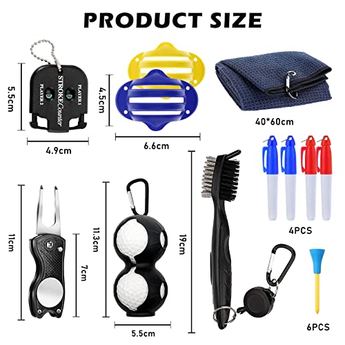 ZUOLUN Golf Accessories Kit, 18 PCS Golf Club Cleaning Kit, Golf Towel, Golf Brush, Golf Score Counter, Golf Ball Holder, Golf Pouch Bag, Golf Divot Tool,Golf Line Marker, Golf Marking Pens, Golf Tee