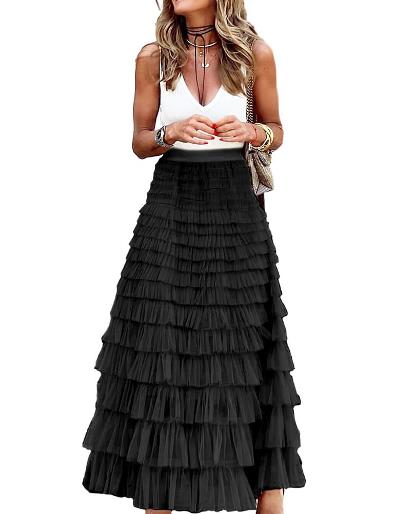 SUNYUESTAR Long Tulle Skirt for Women Trendy High Waisted A Line Fluffy Fairy Mesh Layered Ruffle Skirt