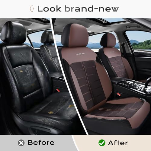 Image of Coverado Leather and Air Mesh Seat Cover, Car Seat Cover Full Set, 3D Breathable Seat Protectors Sports Carbon Fiber Design Airbag Compatible Comfort Universal for Most Cars, Van,Trucks, SUV, Brown