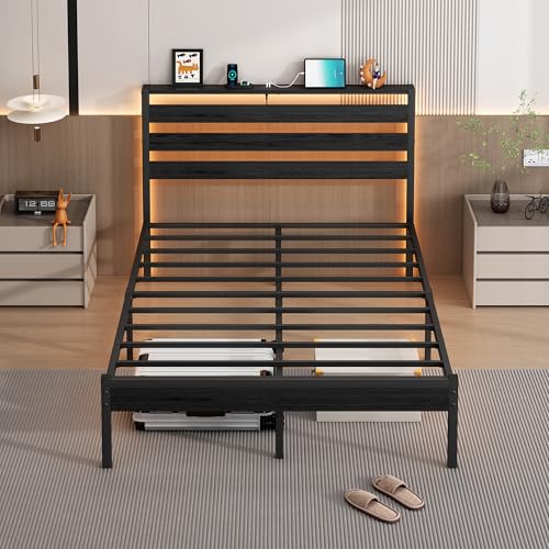 Image of CLIBFENG 14 Inch Classic Metal Platform Bed Frame-Queen Size Bed Frame with Headboard,Steel Slats Support-LED Bed Frame with USB Charging Station,Under Bed Storage,No Box Spring Needed,Noise Free