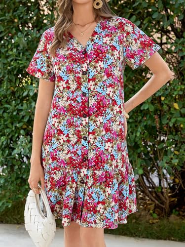 Image of Imysty Womens Polka Dot V Neck Button Down Ruffles Loose Mini Short T-Shirt Dress