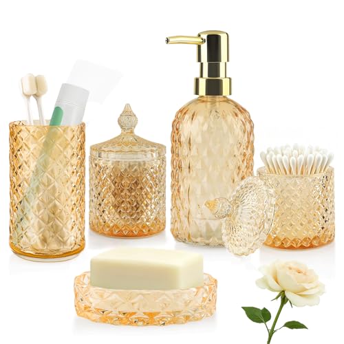 Lot de 5 Accessoires Salle de Bain en Verre - Decoration Salle de Bain avec Distributeur Savon, Porte Brosse à Dents,Tasse en Verre, Pot à Cotons-tiges et...