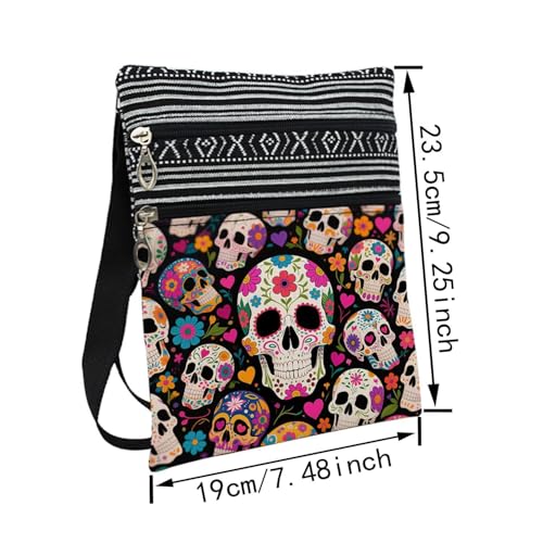 Floral Skull Messenger Bag Small Ethnic Pattern Adjustable Strap Crossbody Zipper Pouch Floral Skull Phone Organizer Wallet Cute Shoulder Handbag for Women Friends-32