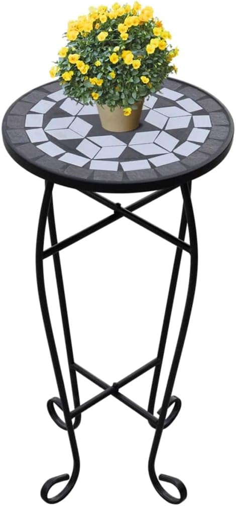 vidaXL Black and White Mosaic Side Plant Table - Weatherproof Ceramic Tabletop with Sturdy Iron Frame - Elegant Garden, Balcony, Terrace Decor