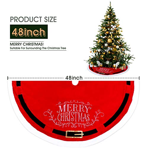 POPUTOY Christmas Tree Skirt, 48 Inch Faux Velvet Trim X-mas Tree Skirt Santa Suit Pattern Christmas Tree Mat with Plush Mercerized Velvet for Christmas Holiday Decorations Indoor Outdoor