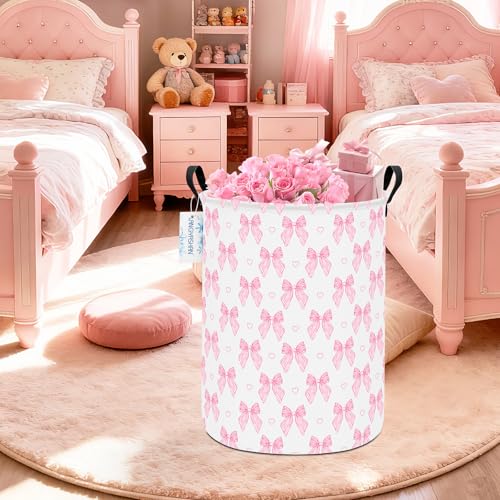 Image of Pink Bowknot Laundry Basket Canvas Fabric Collapsible Organizer Basket for Girls Room Storage Bin Toy Bins Gift Baskets Bedroom Clothes Hamper (Pink Bowknot)