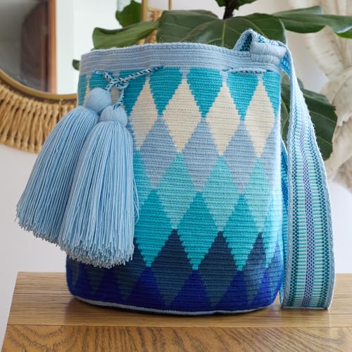 Original Wayuu Mochila Bag For Women, Colombian boho bags, Handmade With Big Nice-Looking Tassels (Medium, Blue Shades - Medium)4
