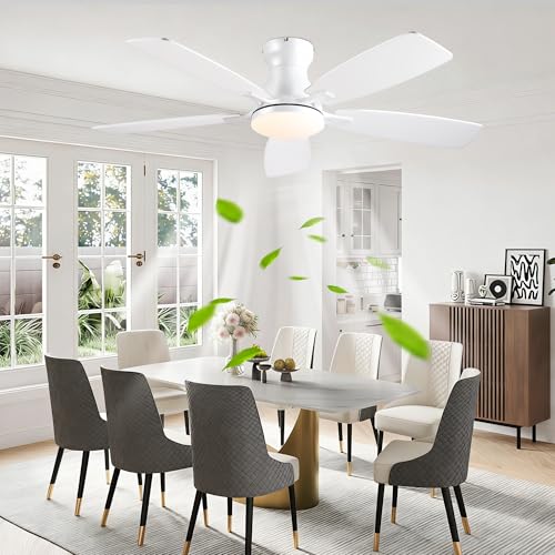 Image of JSAITEE 46in Ceiling Fans with Lights - Flush Mount Low Profile Ceiling Fan with DC Motor, 6 Speeds 3CCT Dimmable, Modern Indoor Fan Light Fixtures for Bedroom, Kitchen, White
