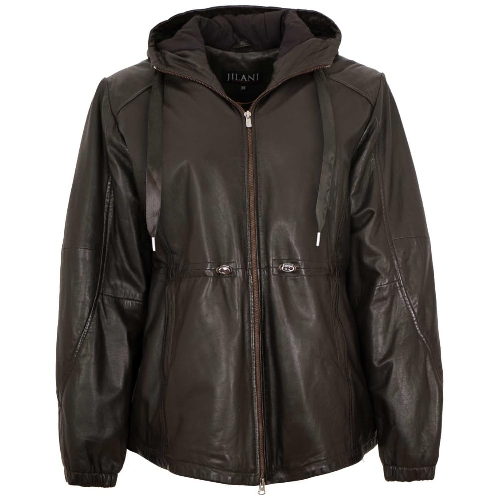 Damen Echtleder Lederjacke Lammnappa Kapuze Oversize dunkelbraun