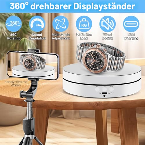 YGVQN Elektrischer Drehteller 360°, 2in1 Motorisierter Drehständer Display-Tisch zur Präsentation von Schmuck, Uhren, digitalen Produkten, Perfekt für Videos & Social Media Content (Weiß)
