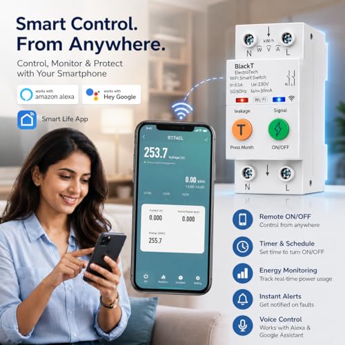 Image of Blackt Electrotech BT74EL WiFi Smart Earth Leakage Circuit Breaker | 63Amps Adjustable | Voltage & Current Protection Real-time Energy Monitoring | Remote switching and timing by App & Voice Control