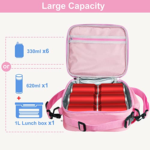 Samhe Lunch Box For Kids Girls, Insulated Rainbow Tote Bag Leakproof Thermal Cooler Reusable Lunch Bag For School Office Outdoor (Pink With Strap) #TOP4