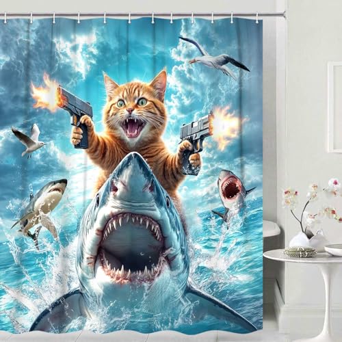 Image of Funny Cat Shower Curtain for Kids, Cute Kitten Riding Shark Ocean Theme Hilarious Cool Fun Grey Blue Wave Animal Nautical Whale Boys Bathroom Sets Decor Fabric Polyester Waterproof 12 Pack Hooks