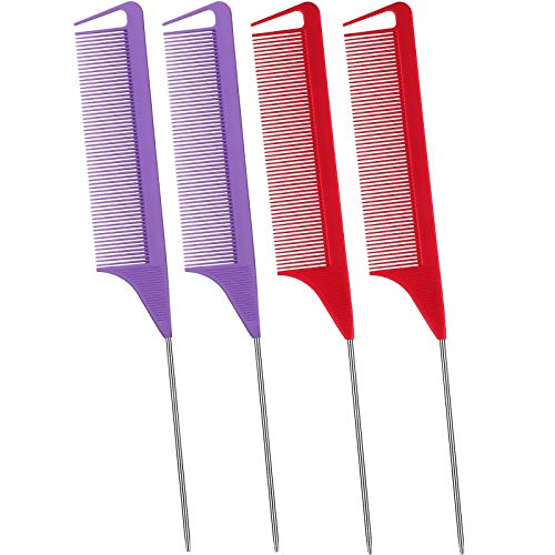 4 Piece Parting Comb for Braids Rat Tail Comb Steel Pin Rat Tail Carbon Fiber Teasing Combs with Stainless Steel Pintail (Purple, Red)