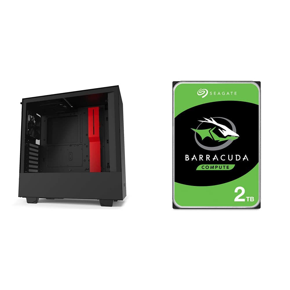 NZXT H510 - CA-H510B-BR - Compact ATX Mid-Tower PC Gaming Case - Black/Red & Seagate Barracuda 2TB I