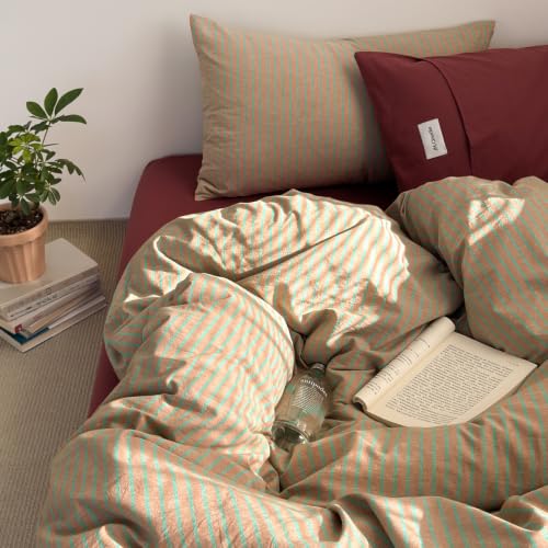 Image of Striped Duvet Cover Set Washed Cotton,Twin XL(68 inchx90 inch),Pinstripes Tan /Green