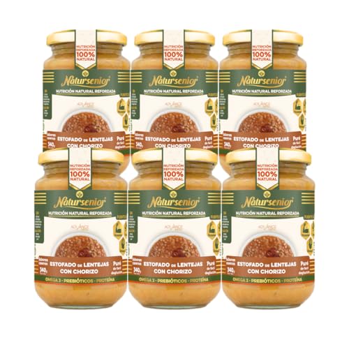 Natursenior - Pack Puré de Estofado de Lentejas con Chorizo x6 - Comida Natural Triturada Mayores - Recetas Caseras y Enriquecidas - 340g