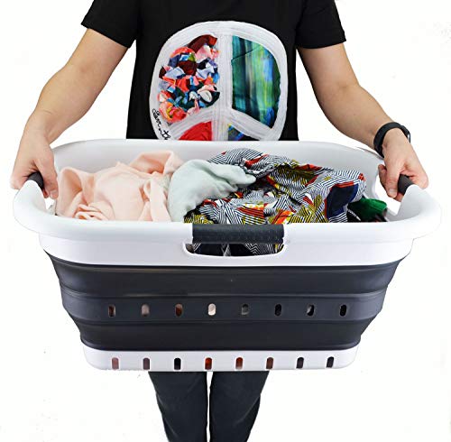 Image of SAMMART 41L (10.8 gallon) Set of 2 Collapsible 3 Handled Plastic Laundry Basket-Foldable Pop Up Storage Container /Organizer-Space Saving Hamper /Basket (2, Black)