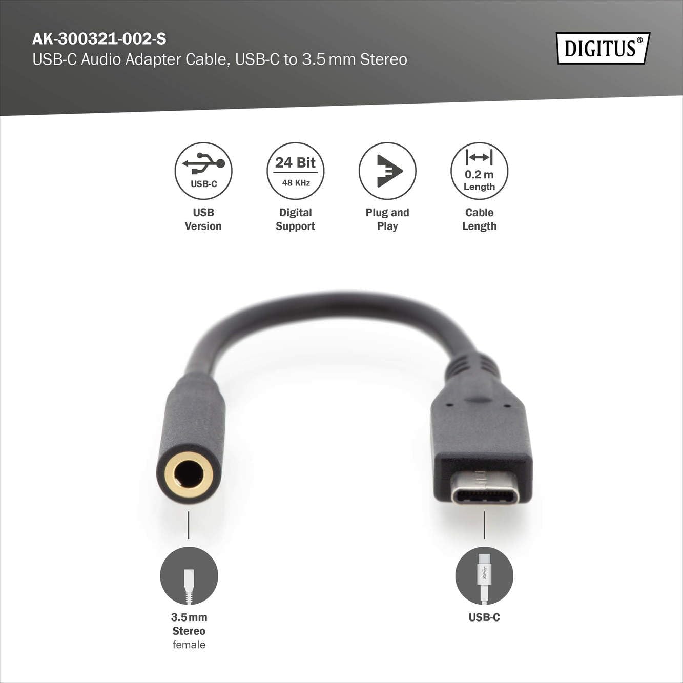 Digitus USB Type-C Audio Adapter Cable, Type-C - 3.5mm M/F, 0.2m, Audio Input/Output, Version 3.1, CE, bl