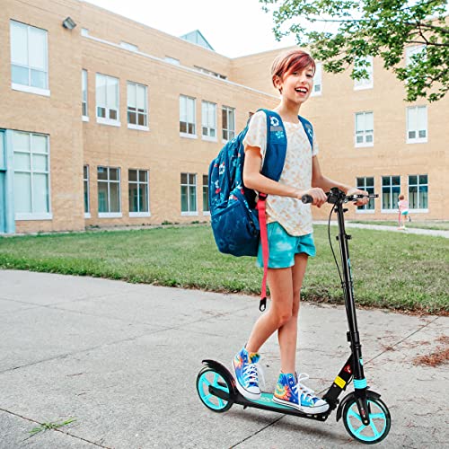 LED Light Up Large Wheels Scooter for Kids Ages 6-12 and Adults with Handbrake, Kick Scooters for Teens 12 Years and Up with Carry Strap and Bell, Easy Fold, Height Adjustable